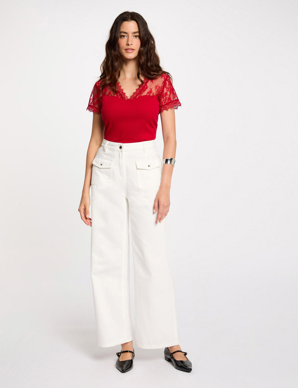 T-shirt manches courtes à dentelle rouge femme