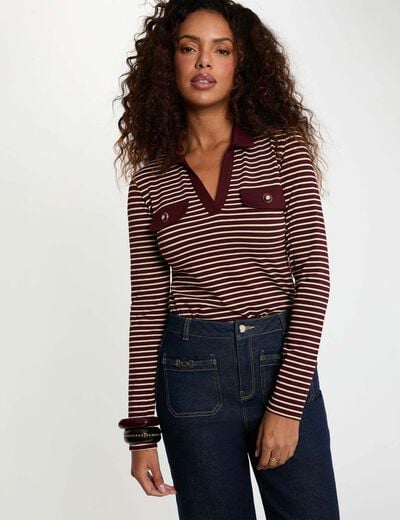 Polo manches longues ray&eacute; bordeaux femme