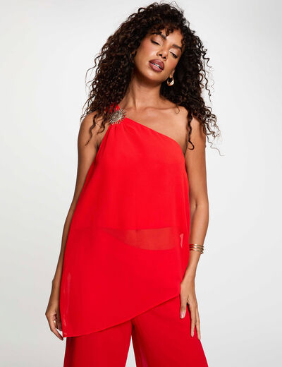 Top voile asym&eacute;trique rouge femme