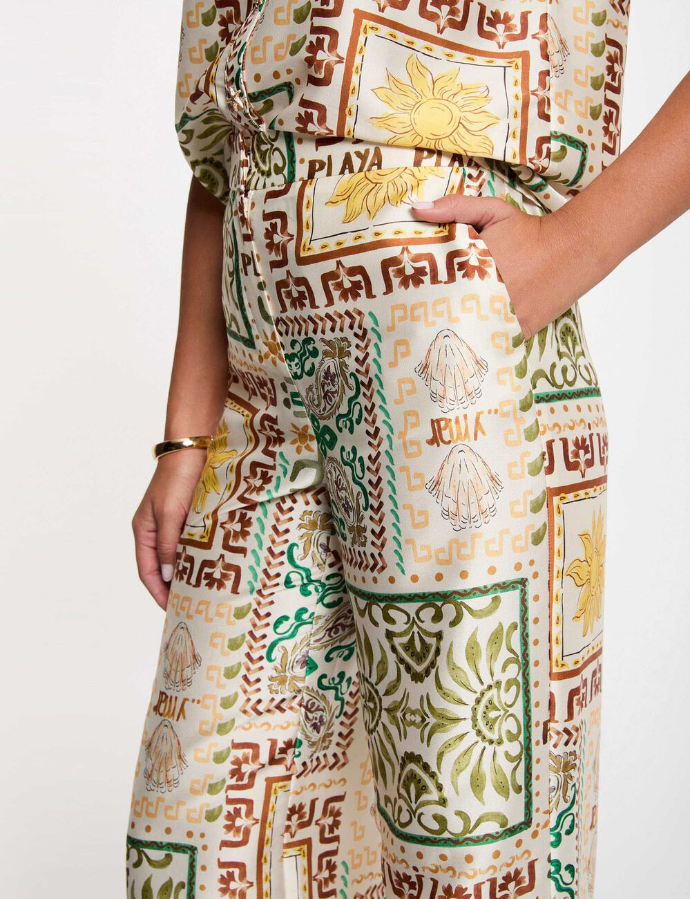 Pantalon large taille haute multicolore femme