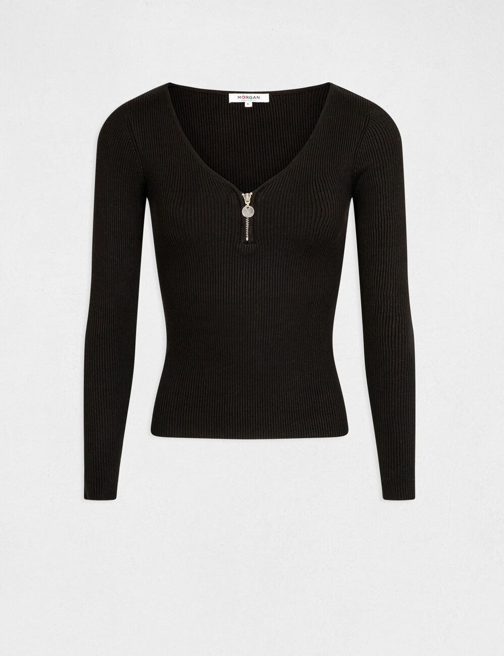 Pull manches longues c&ocirc;tel&eacute; d&eacute;tail zipp&eacute; noir femme