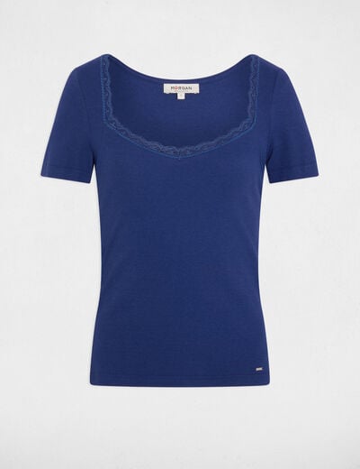 Getailleerd T-shirt met hartvormige hals marineblauw vrouw