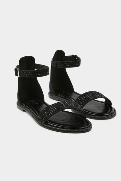 Sandales plates avec détails strass noir femme