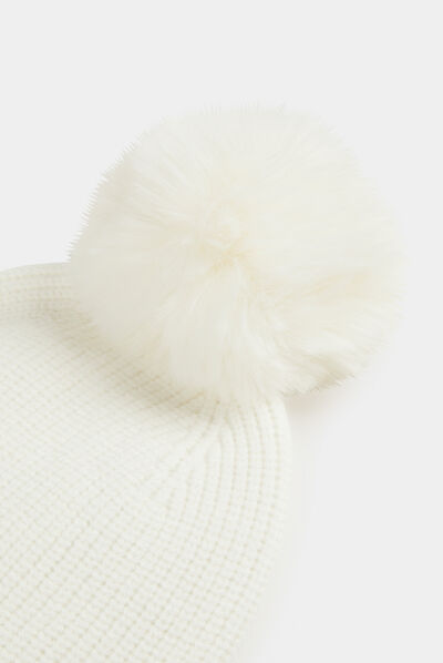 Bonnet avec strass et pompon beige femme