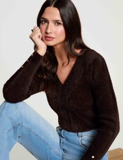 Pull col v manches longues marron fonc&eacute; femme