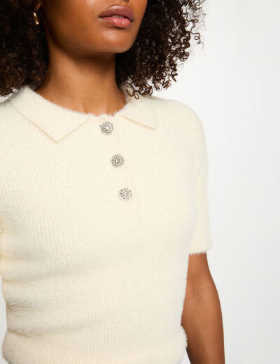 Pull court col à revers ivoire femme