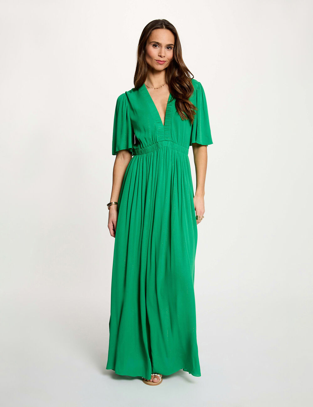 Robe longue col v vert prairie femme