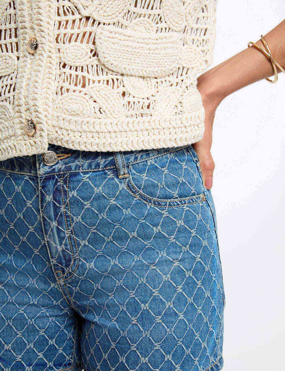 Short taille haute en jean denim stone femme