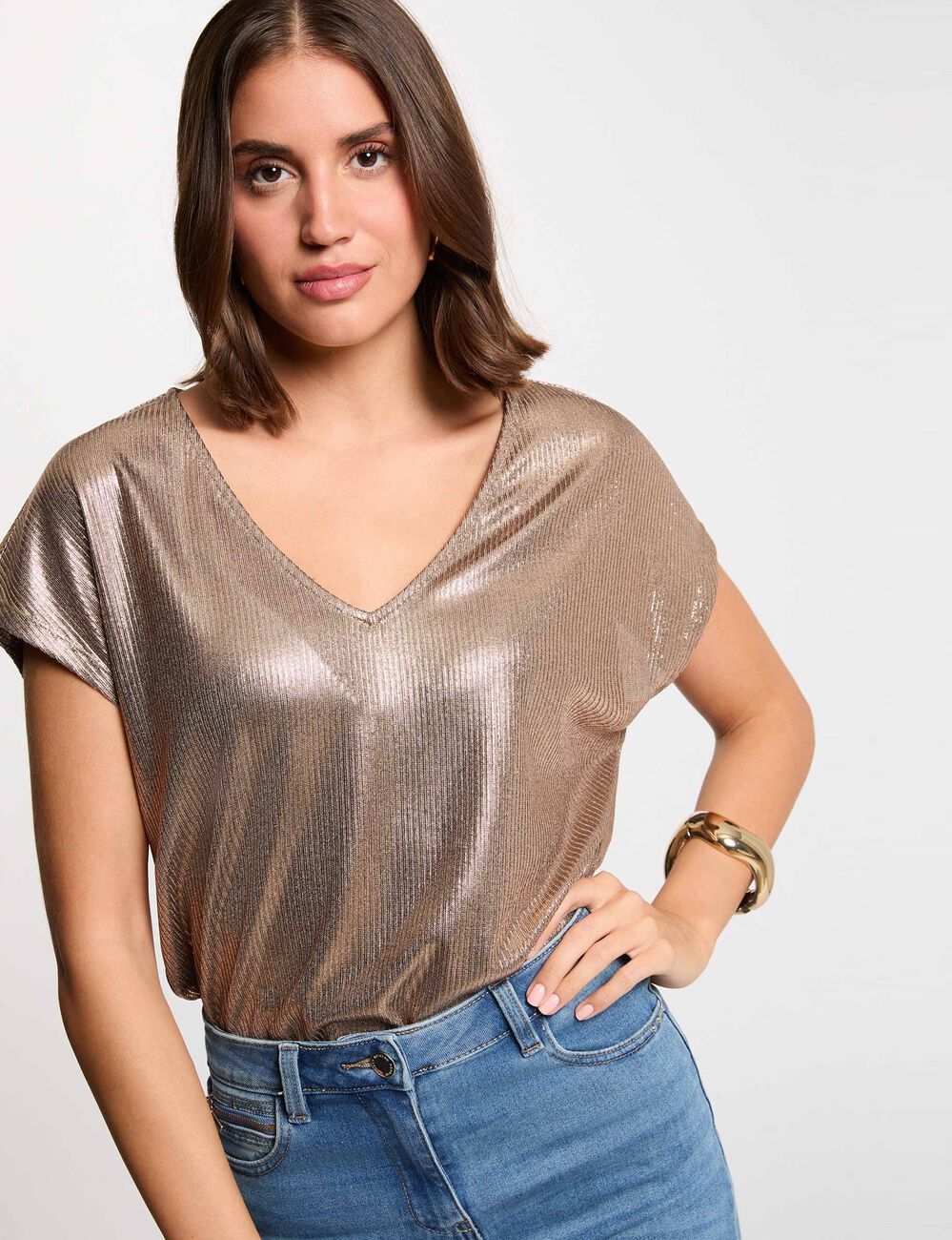 Geribbelde V-hals T-shirt kleur bronze vrouw