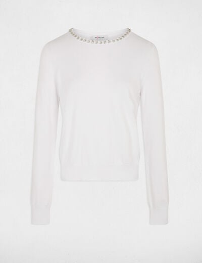 Pull ajusté strass blanc femme