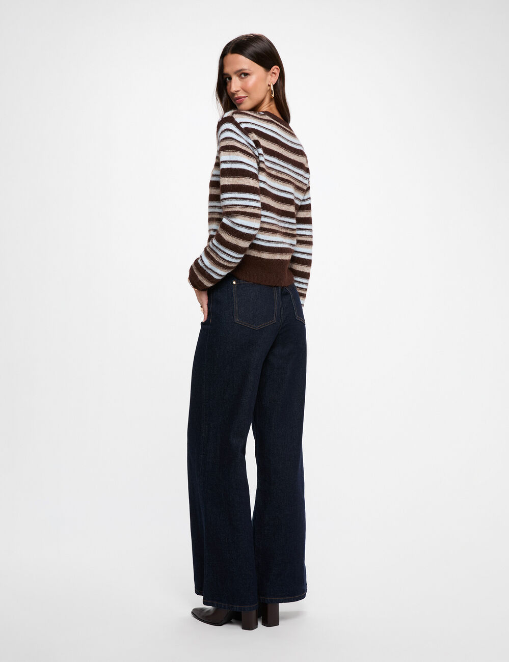 Pull ray&eacute; col rond beige femme