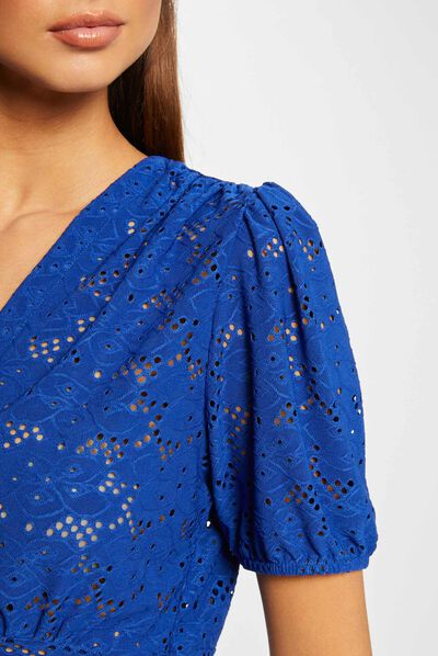 T-shirt met korte mouwen en borduursel bleu electrique vrouw