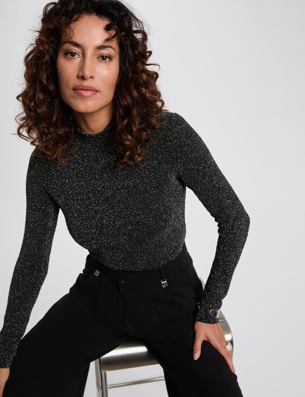 Kort T-shirt met opstaande kraag couleur argent vrouw
