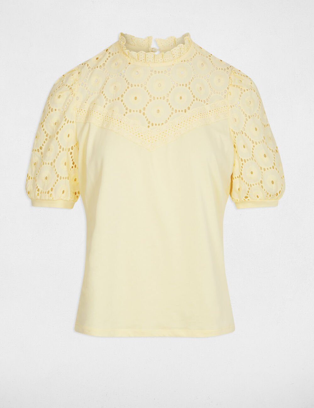 T-shirt manches courtes brod&eacute; jaune pastel femme