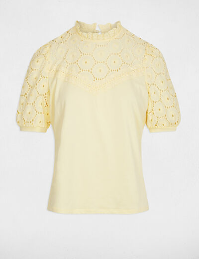 Geborduurd T-shirt met korte mouwen pastel geel vrouw