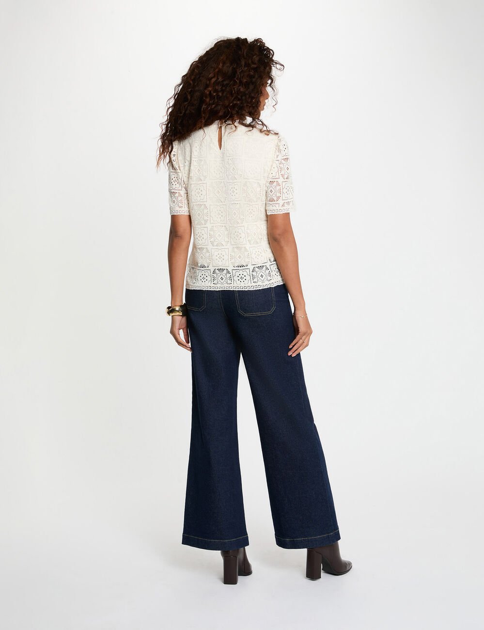 Kant T-shirt met hoge hals ivoor vrouw