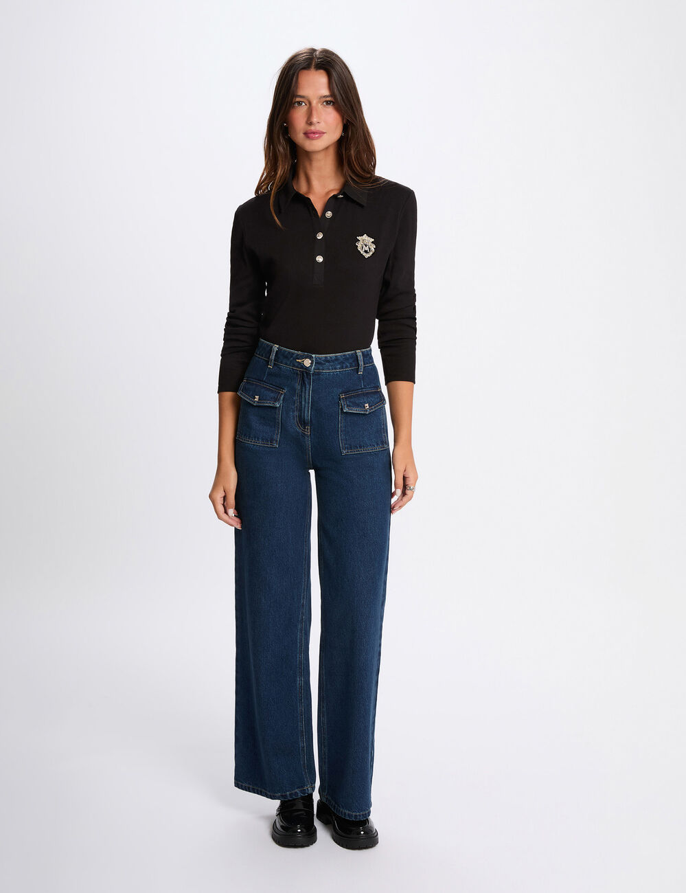 Maille cintrée col à revers noir femme