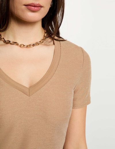 T-shirt cintr&eacute; col v beige femme