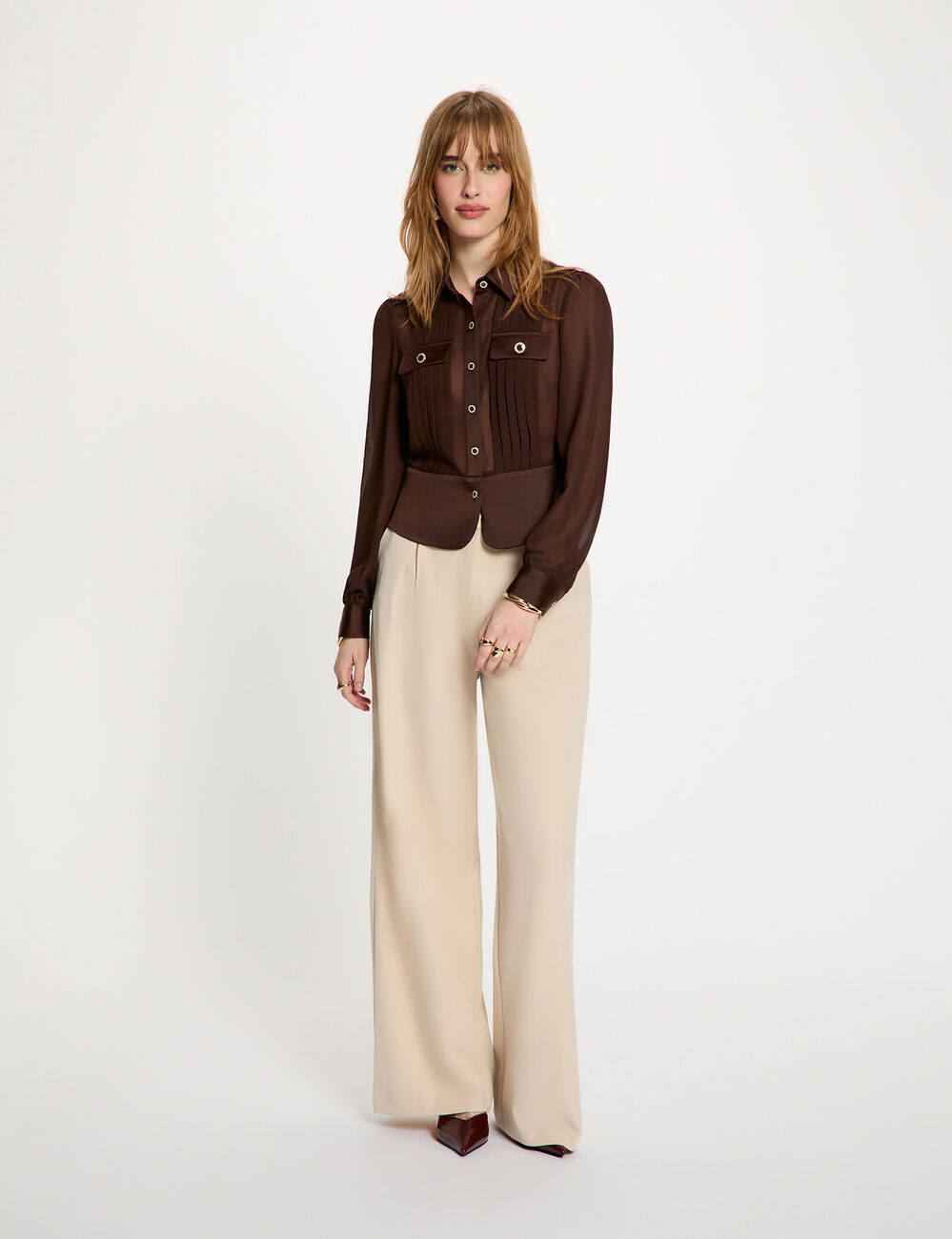 Shirt met lange mouwen en plooien donker bruin vrouw