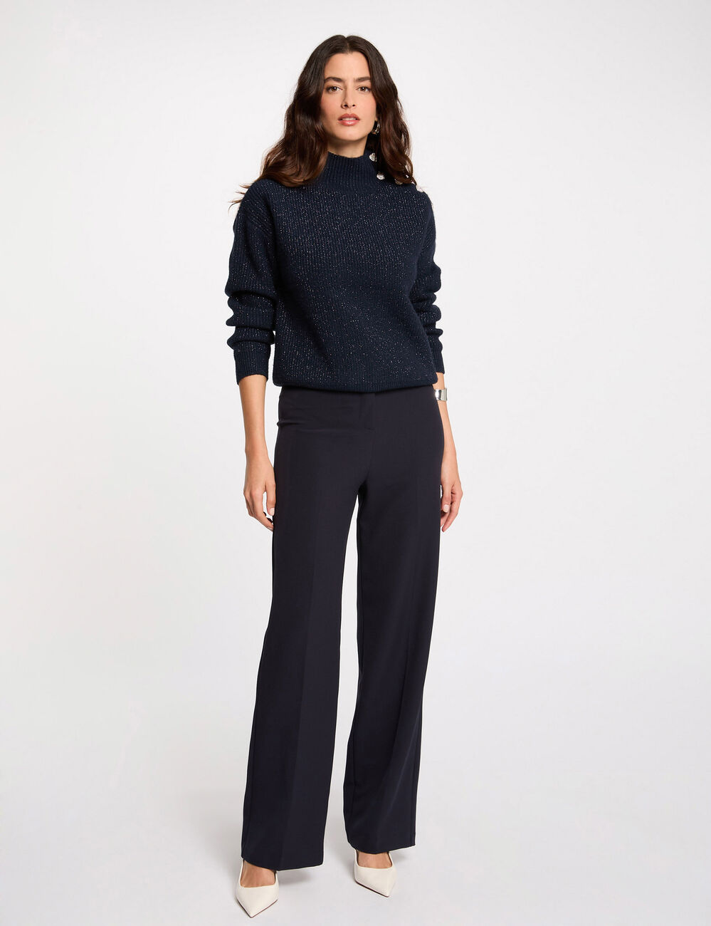 Rechte broek met plooitjes marineblauw vrouw