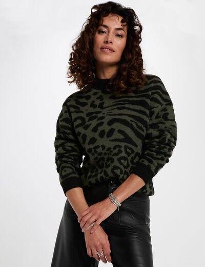 Pull court jacquard vert kaki femme