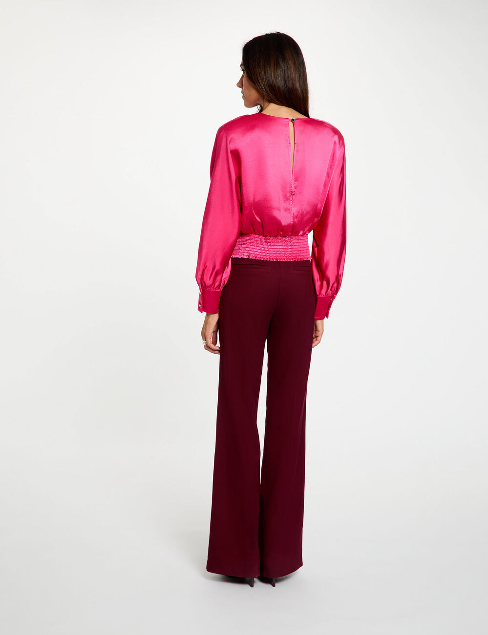Satijnen blouse met lange mouwen felroze vrouw