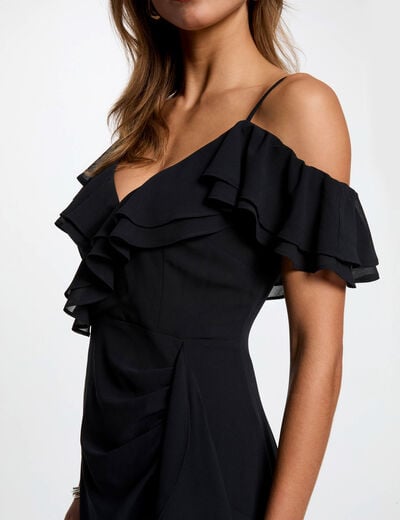 Robe midi droite volants bleu marine femme