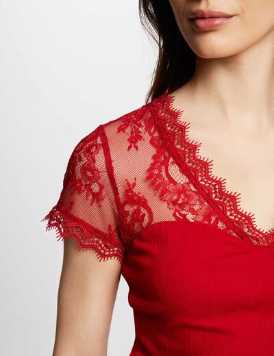 T-shirt met korte mouwen van kant rood vrouw