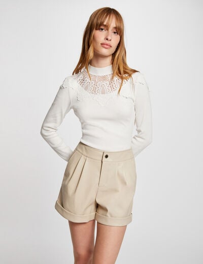 Pull col montant &agrave; dentelle ecru femme