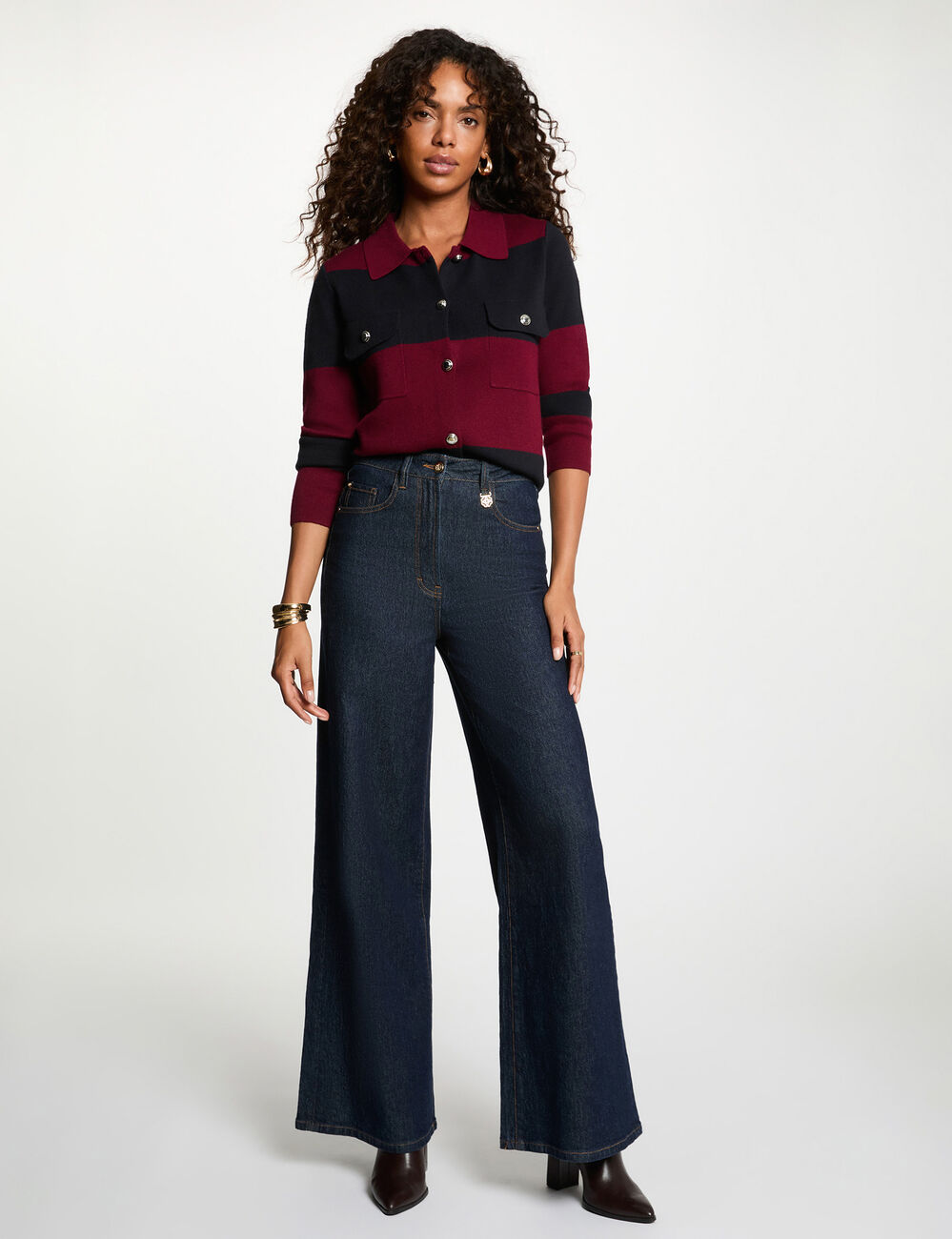 Pull col revers ray&eacute; bordeaux femme
