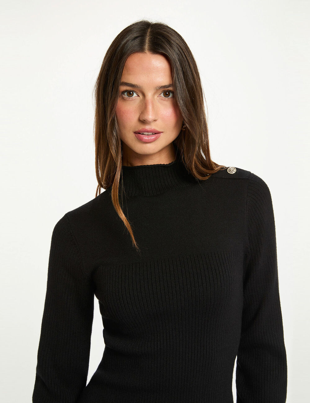 Korte gebreide jurk met col. zwart vrouw