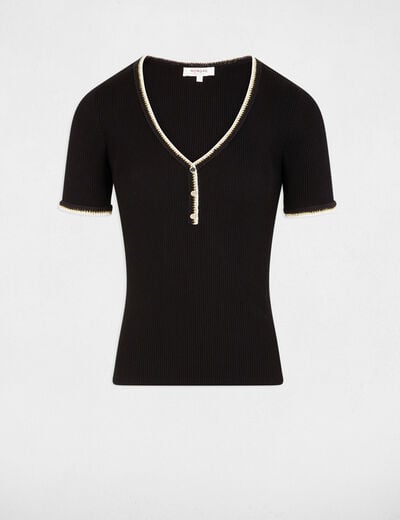 Pull manches courtes côtelé noir femme
