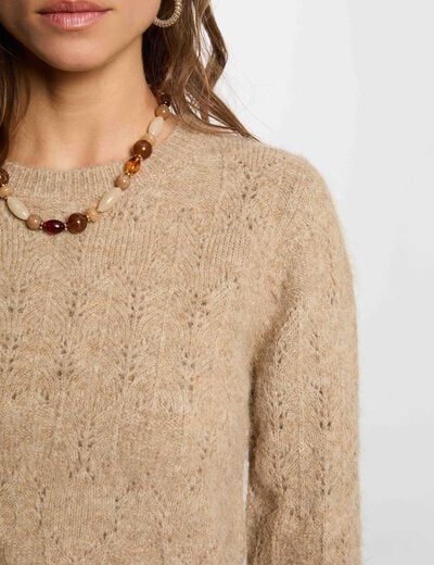 Pull ajour&eacute; col rond beige femme