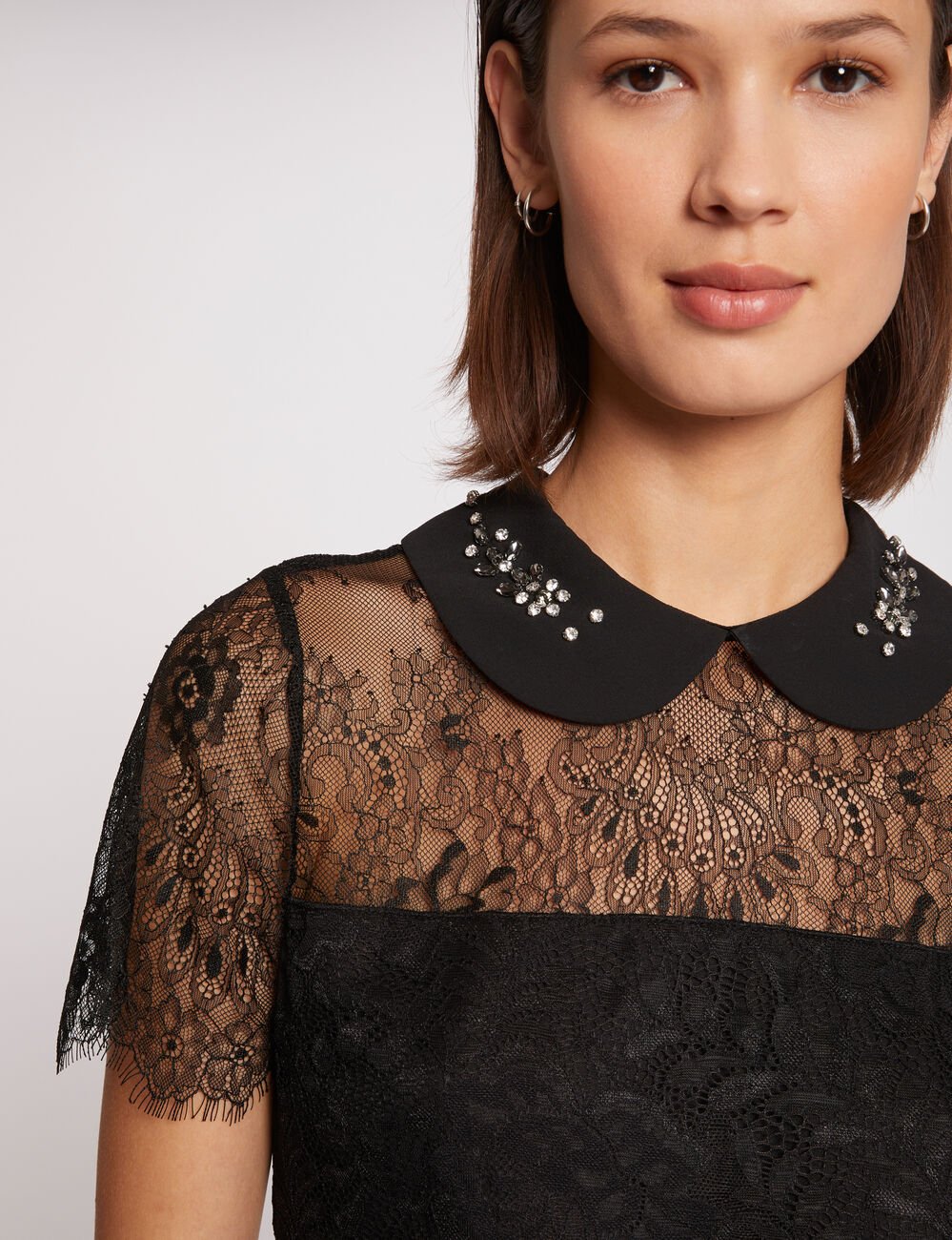 Blouse manches courtes dentelle fente noir femme