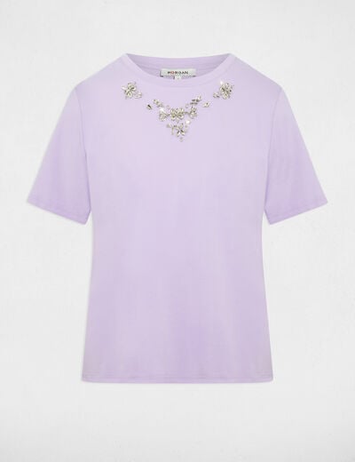 T-shirt met strass en korte mouwen mauve vrouw