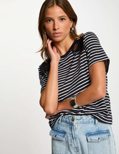 Gestreept T-shirt met korte mouwen marineblauw vrouw