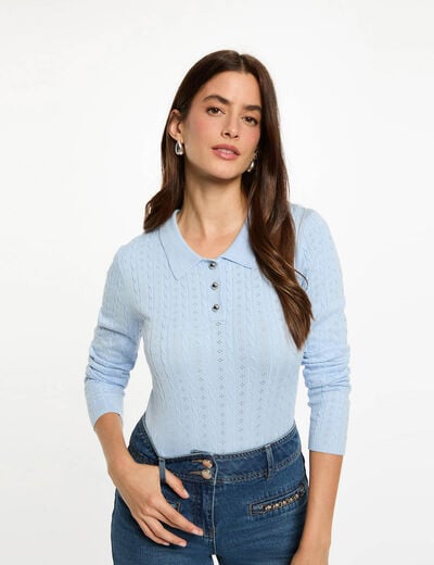 Pull ajusté col polo bleu ciel femme