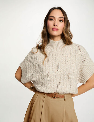 Korte trui met opstaande kraag beige vrouw