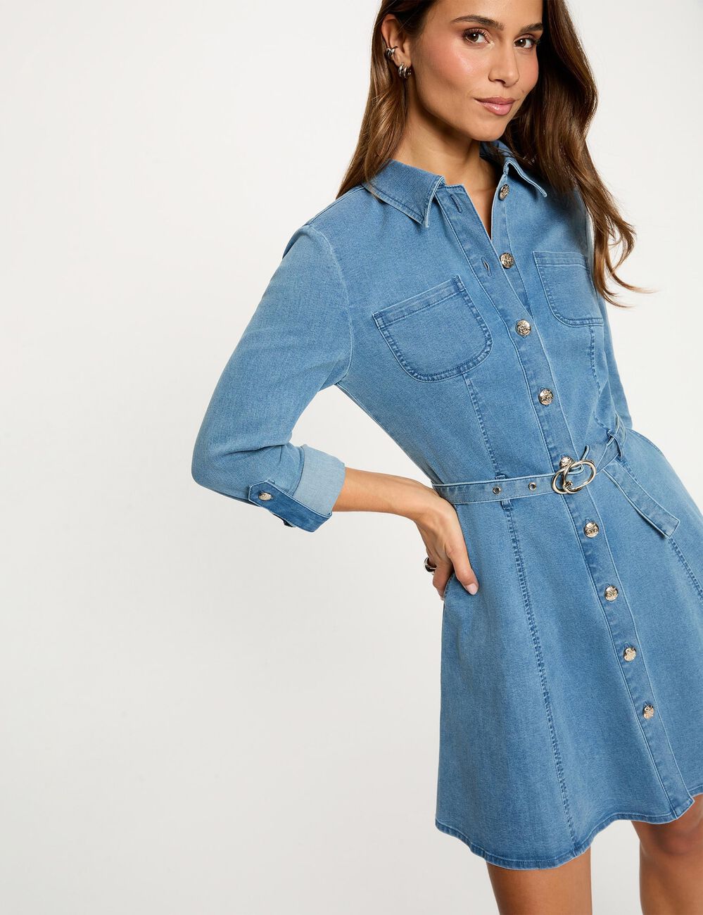 Korte aansluitende jurk stone washed denim vrouw