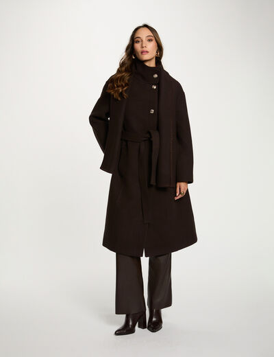 Manteau long col montant marron foncé femme