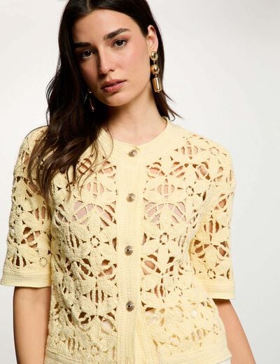 Gilet ajour&eacute; col rond jaune pastel femme