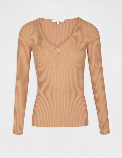 Ribgebreide trui met lange mouwen camel vrouw