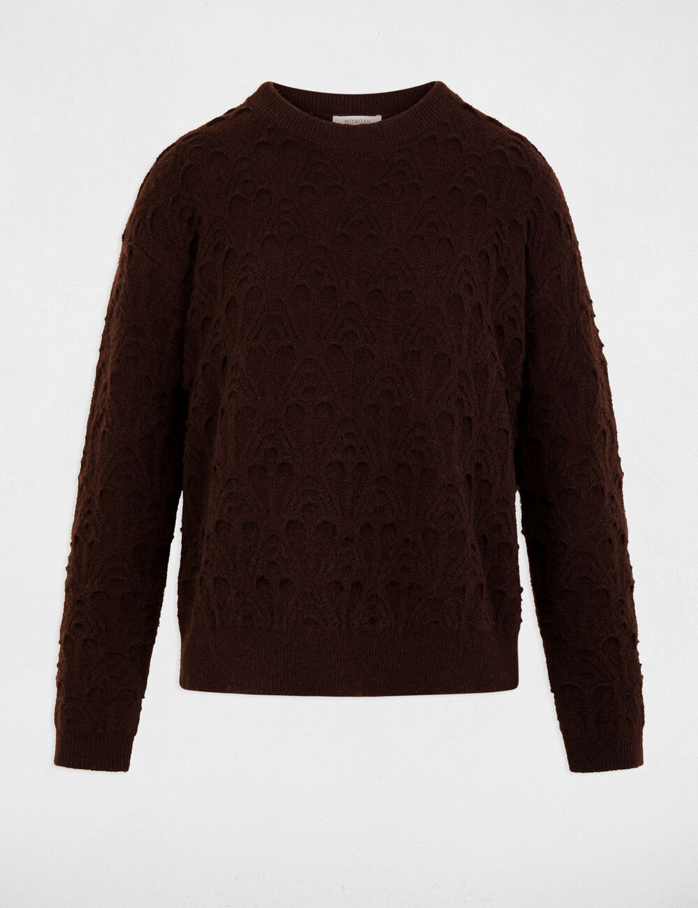Pull col rond fantaisie marron fonc&eacute; femme