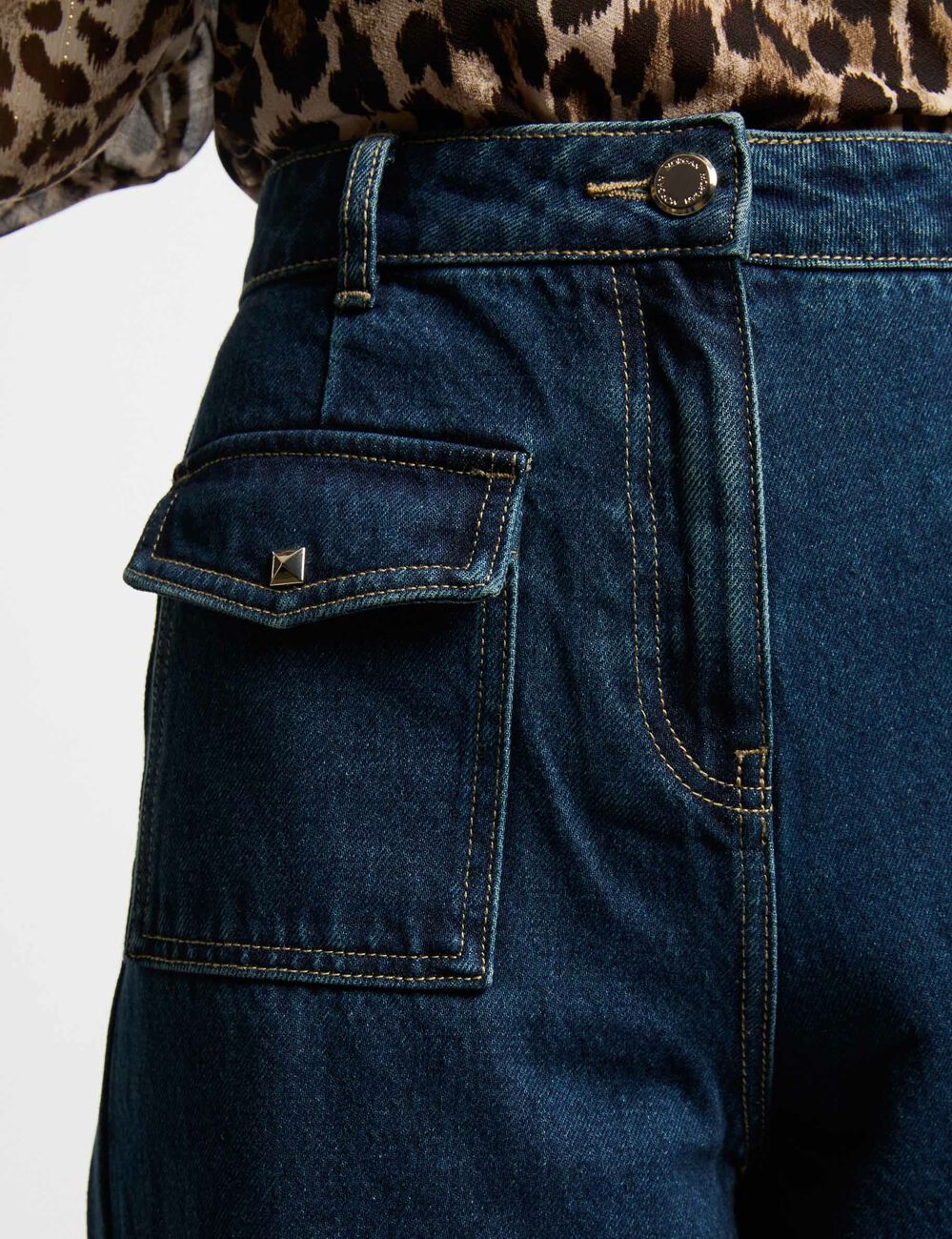 Wijde jeans met hoge taille ruw denim vrouw