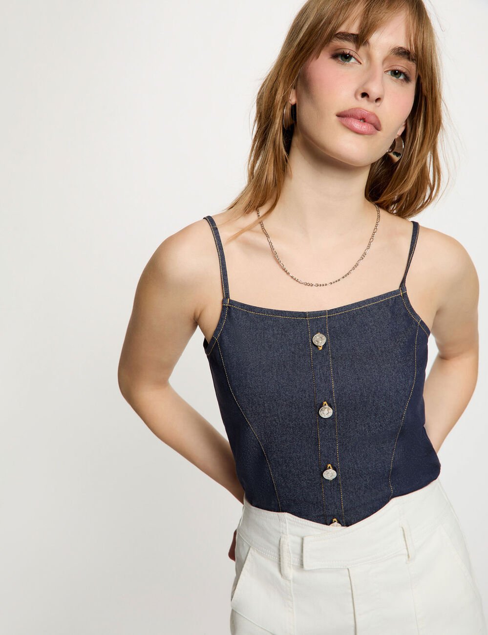 Top ajust&eacute; en jean denim brut femme