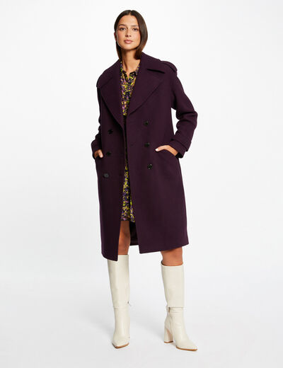 Manteau long droit double boutonnage violet fonce femme