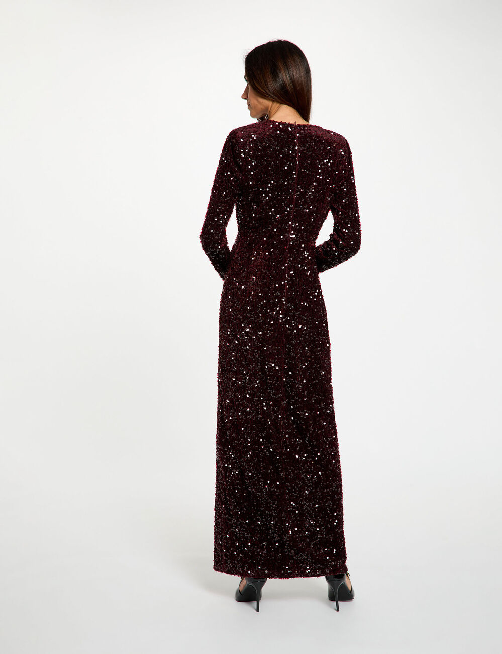 Robe longue ajust&eacute;e sequins prune femme