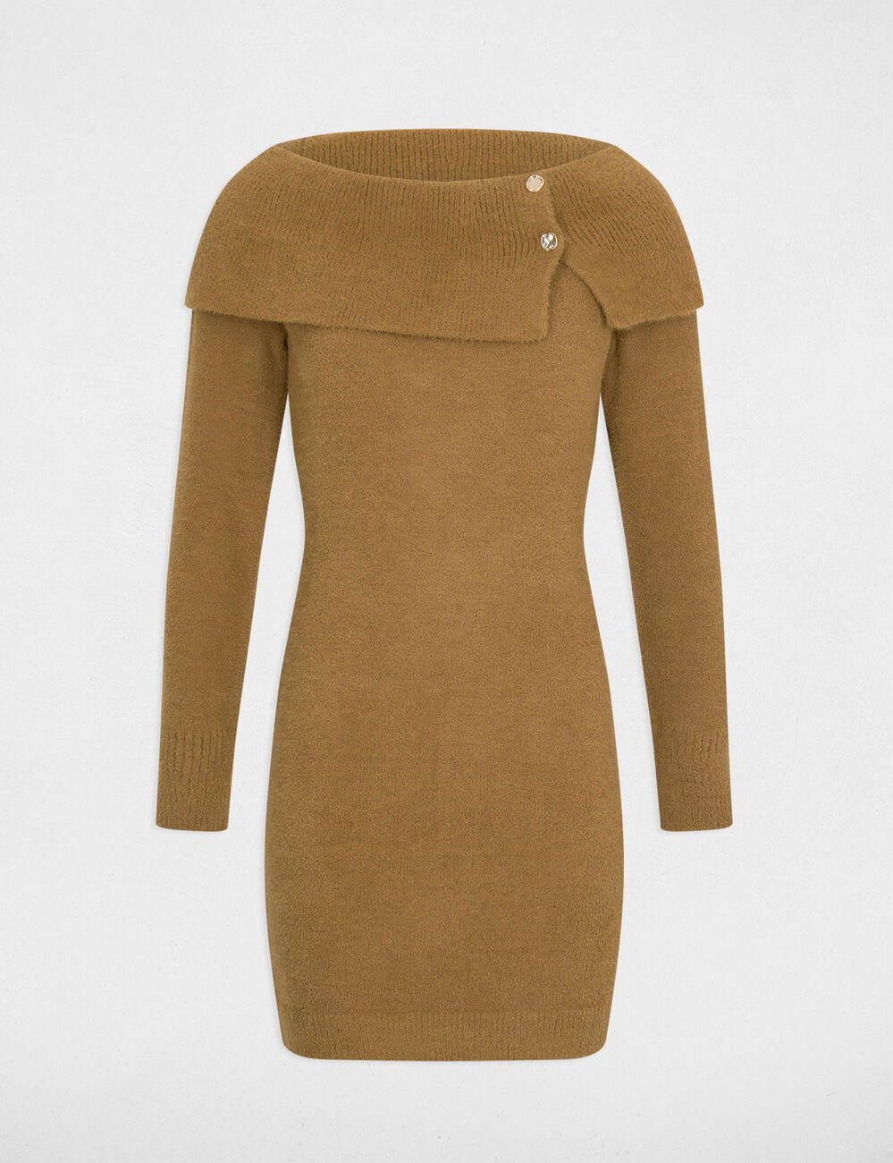 Robe courte col bardot camel femme