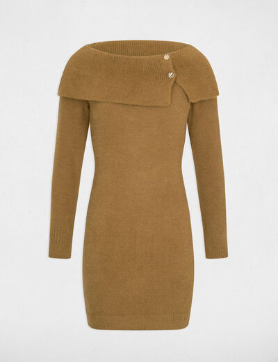 Robe courte col bardot camel femme