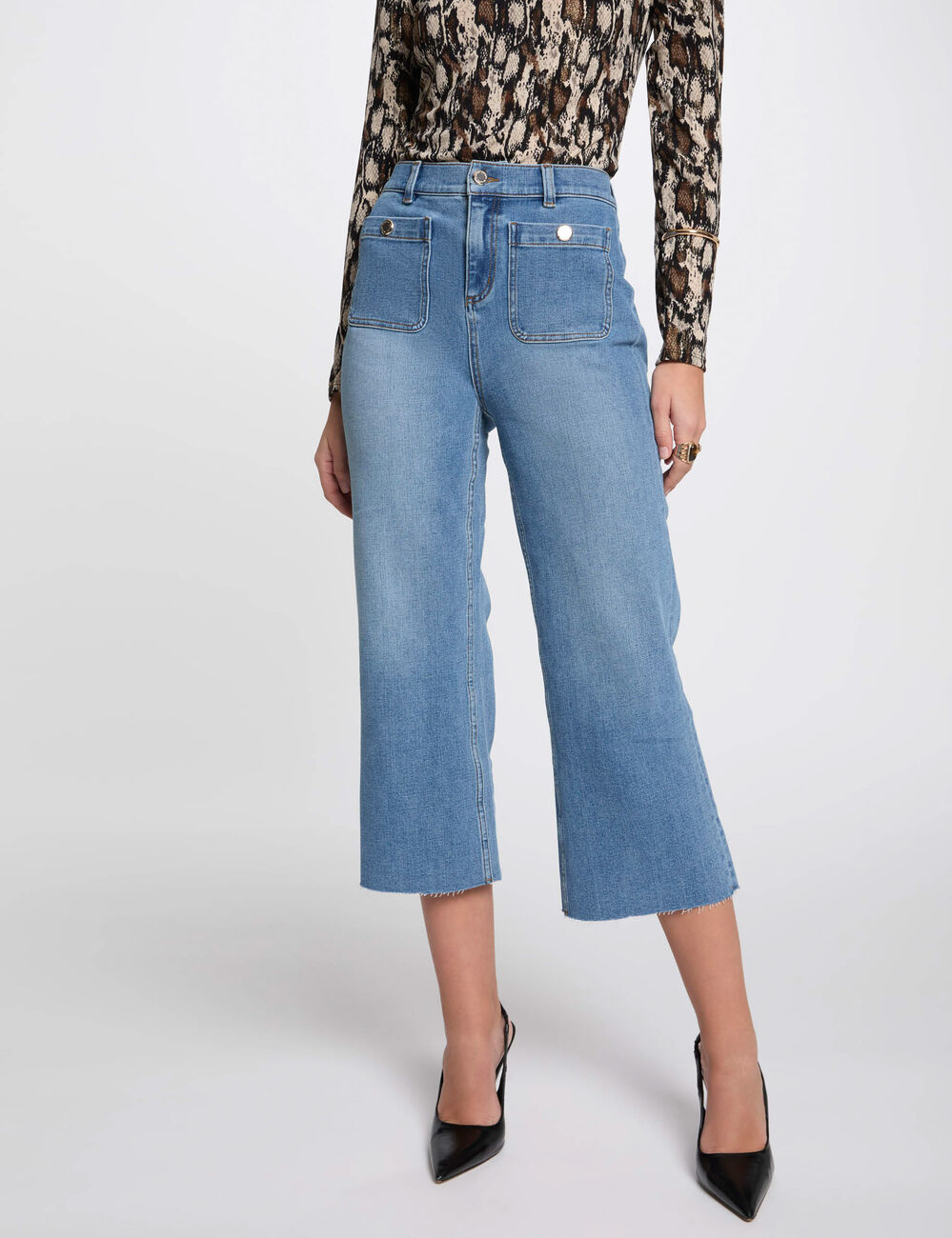 7/8 broek met wijde pijpen stone washed denim vrouw